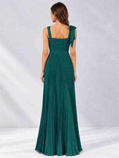 Square Neck A-Line Pleated Satin Sleeveless Floor-Length Wedding Guest Dress