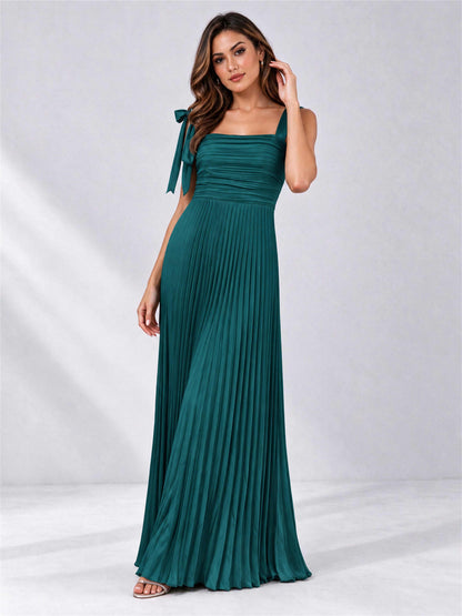 Square Neck A-Line Pleated Satin Sleeveless Floor-Length Wedding Guest Dress