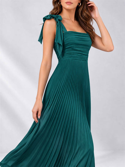 Square Neck A-Line Pleated Satin Sleeveless Floor-Length Wedding Guest Dress