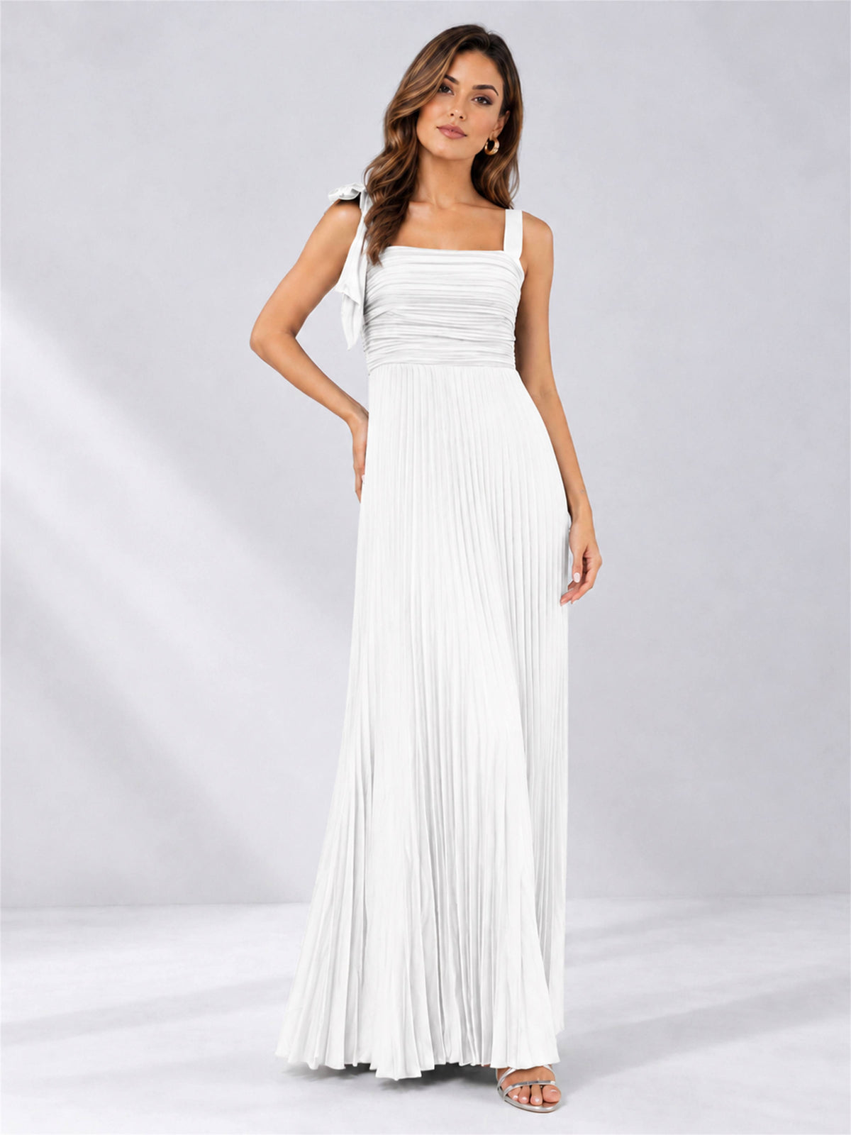 Square Neck A-Line Pleated Satin Sleeveless Floor-Length Wedding Guest Dress