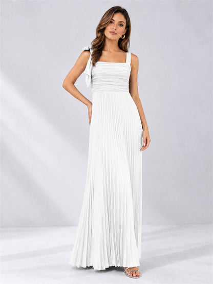 Square Neck A-Line Pleated Satin Sleeveless Floor-Length Wedding Guest Dress