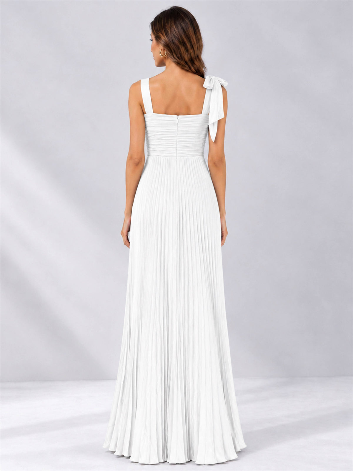 Square Neck A-Line Pleated Satin Sleeveless Floor-Length Wedding Guest Dress