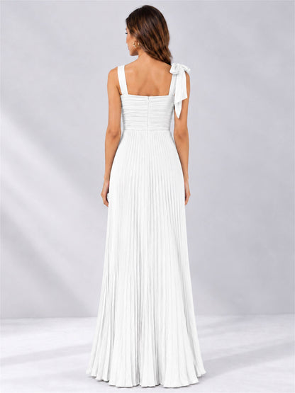 Square Neck A-Line Pleated Satin Sleeveless Floor-Length Wedding Guest Dress
