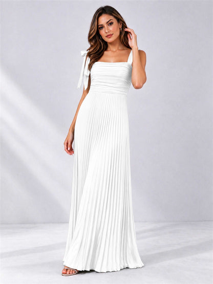 Square Neck A-Line Pleated Satin Sleeveless Floor-Length Wedding Guest Dress