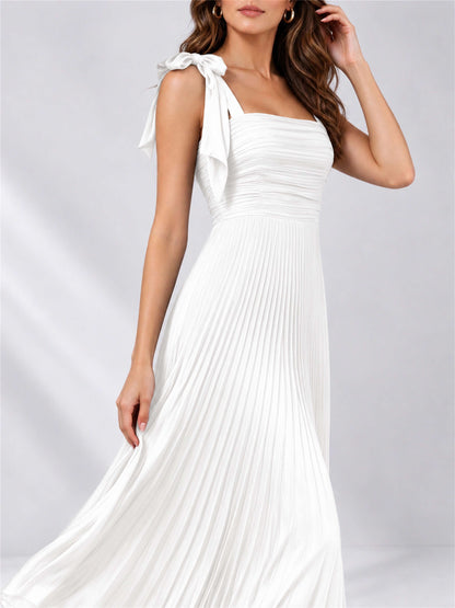 Square Neck A-Line Pleated Satin Sleeveless Floor-Length Wedding Guest Dress