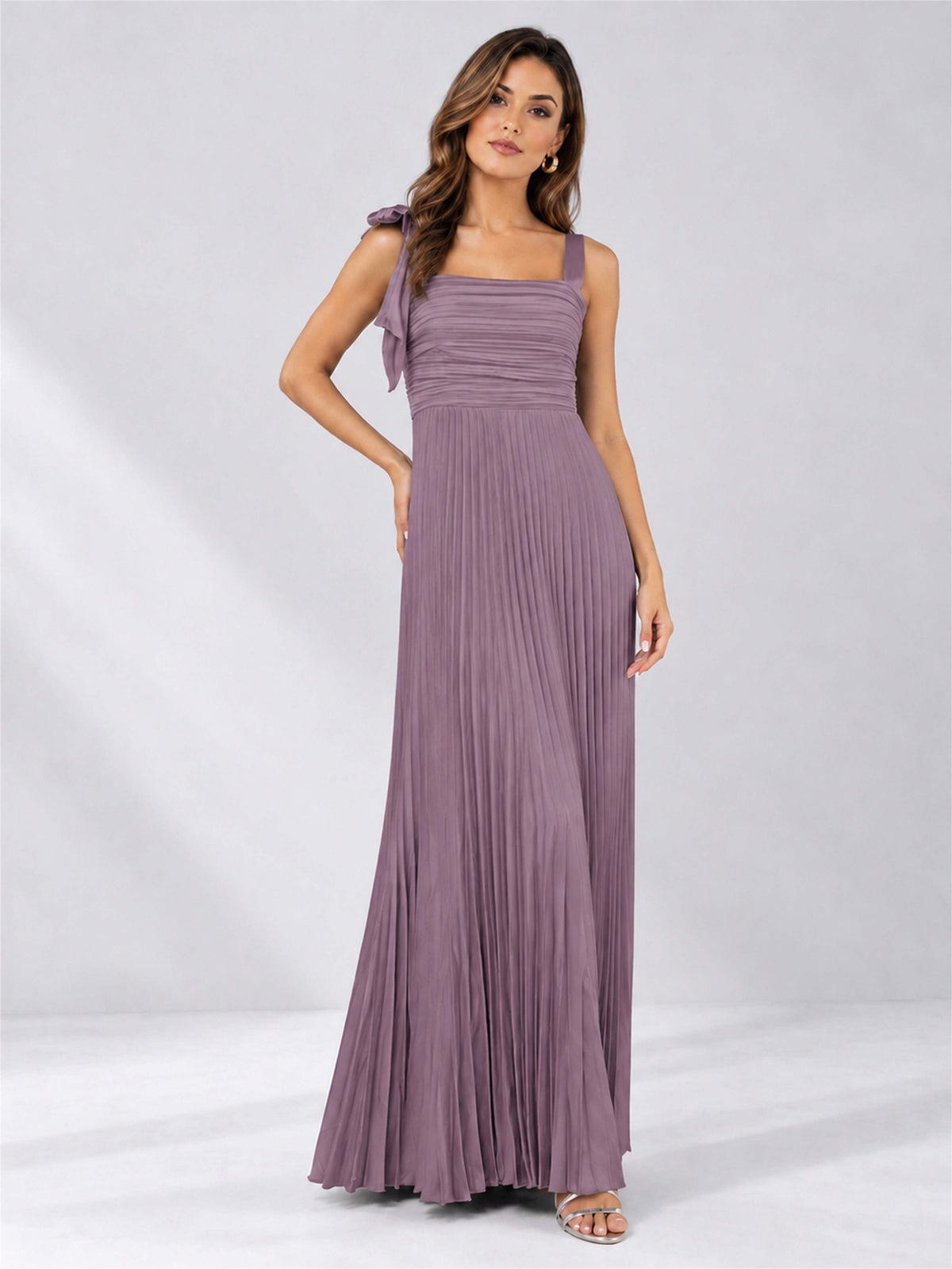 Square Neck A-Line Pleated Satin Sleeveless Floor-Length Wedding Guest Dress