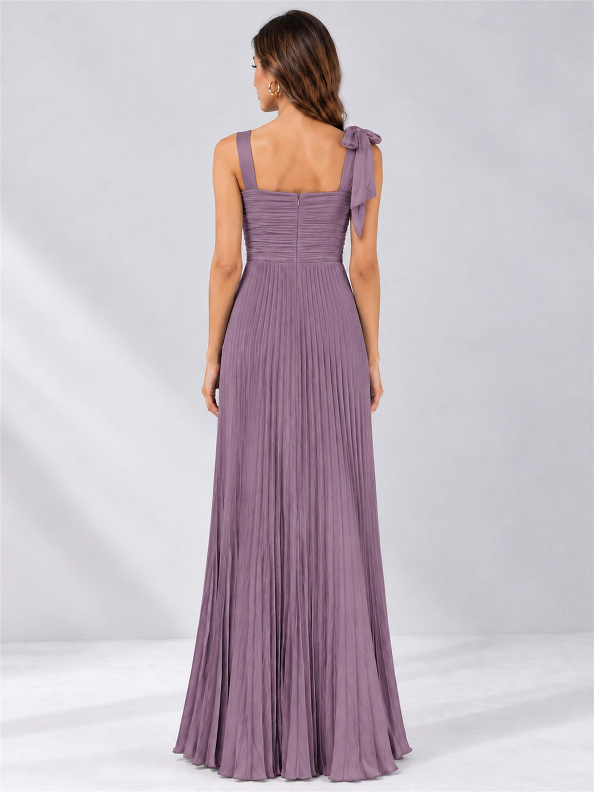 Square Neck A-Line Pleated Satin Sleeveless Floor-Length Wedding Guest Dress