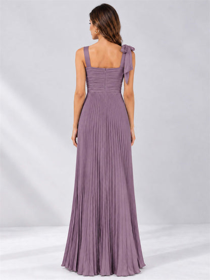 Square Neck A-Line Pleated Satin Sleeveless Floor-Length Wedding Guest Dress