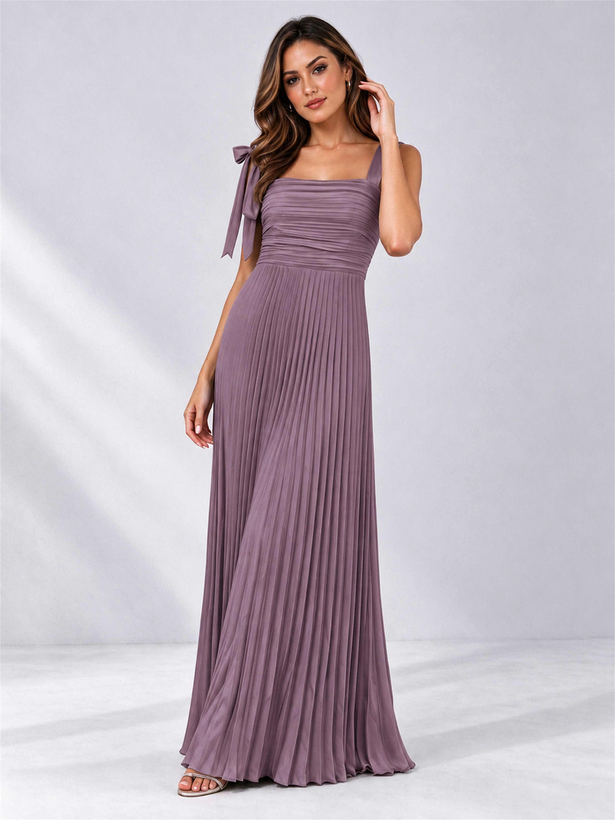 Square Neck A-Line Pleated Satin Sleeveless Floor-Length Wedding Guest Dress