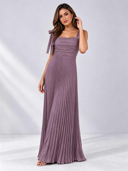 Square Neck A-Line Pleated Satin Sleeveless Floor-Length Wedding Guest Dress