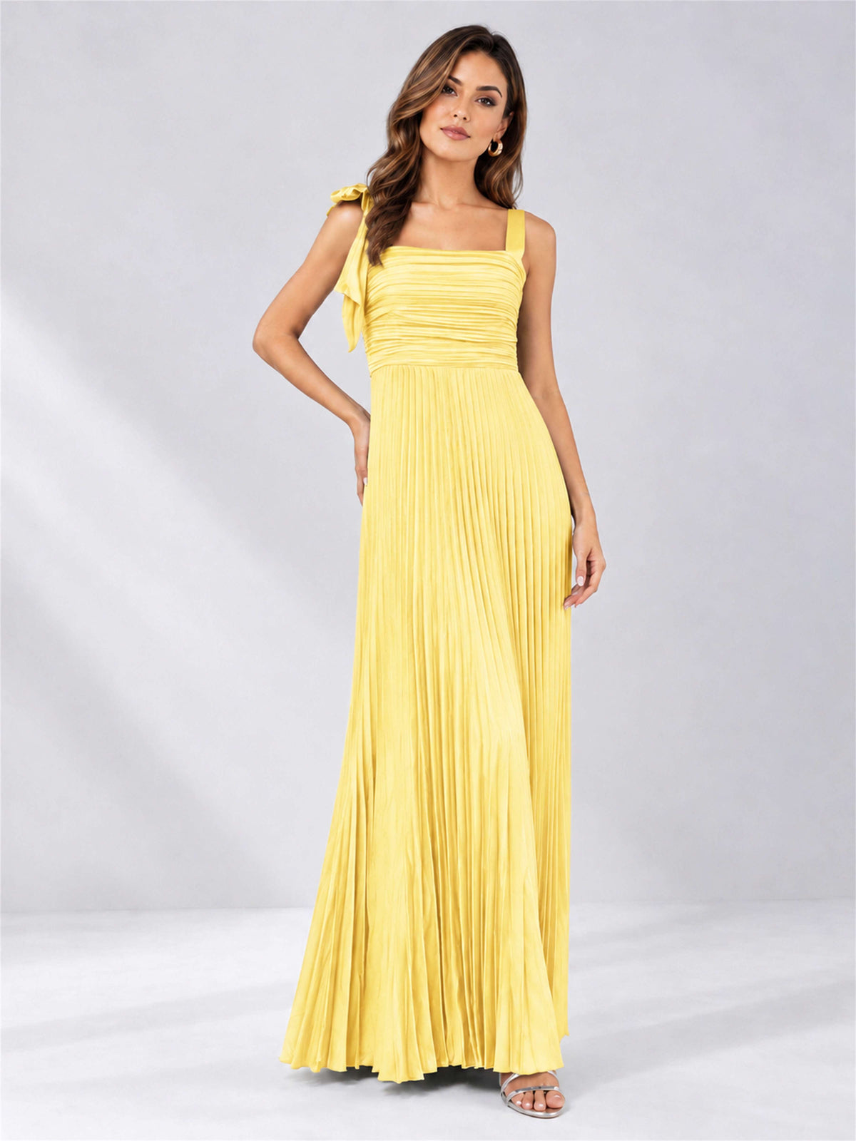 Square Neck A-Line Pleated Satin Sleeveless Floor-Length Wedding Guest Dress