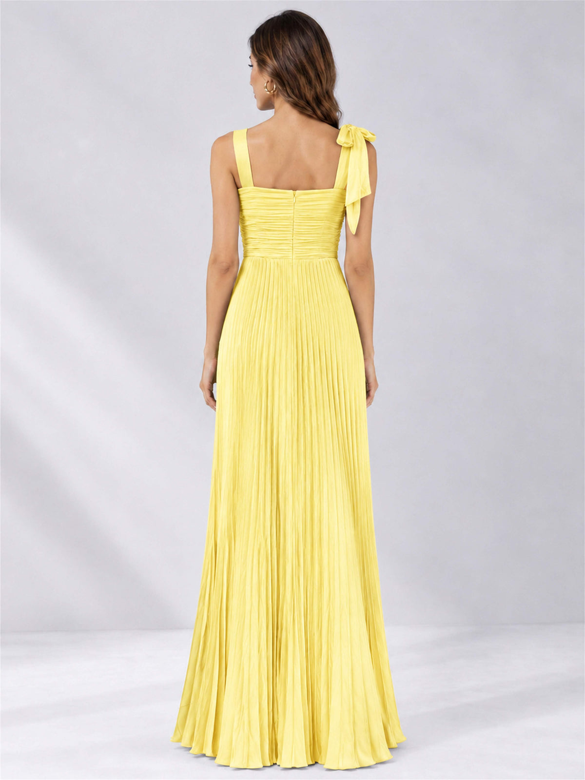 Square Neck A-Line Pleated Satin Sleeveless Floor-Length Wedding Guest Dress