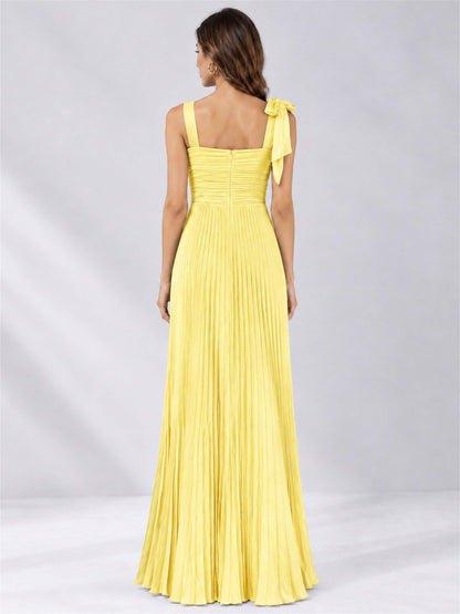 Square Neck A-Line Pleated Satin Sleeveless Floor-Length Wedding Guest Dress