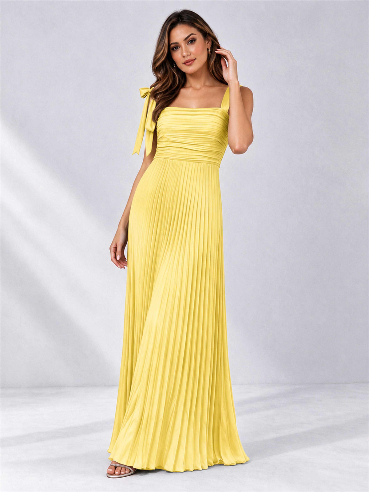 Square Neck A-Line Pleated Satin Sleeveless Floor-Length Wedding Guest Dress