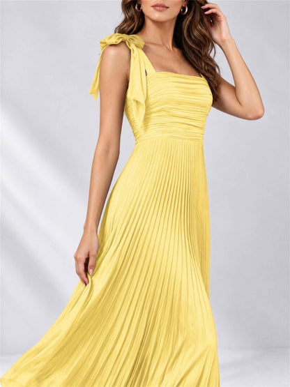 Square Neck A-Line Pleated Satin Sleeveless Floor-Length Wedding Guest Dress