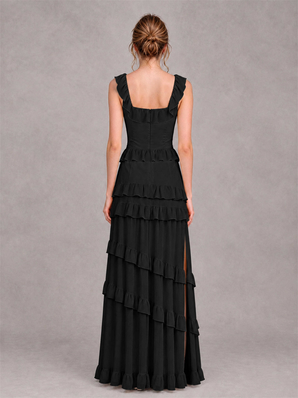 Square Neck A-Line Ruffle Chiffon Sleeveless Tiered Wedding Guest Dress with Split Side