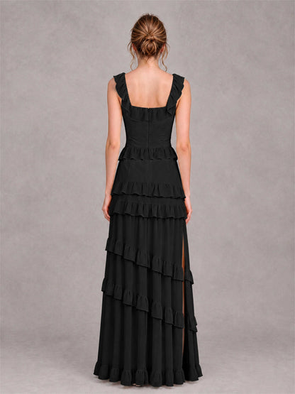 Square Neck A-Line Ruffle Chiffon Sleeveless Tiered Wedding Guest Dress with Split Side
