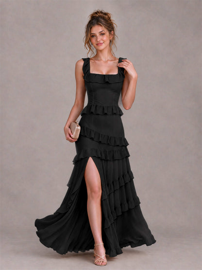 Square Neck A-Line Ruffle Chiffon Sleeveless Tiered Wedding Guest Dress with Split Side