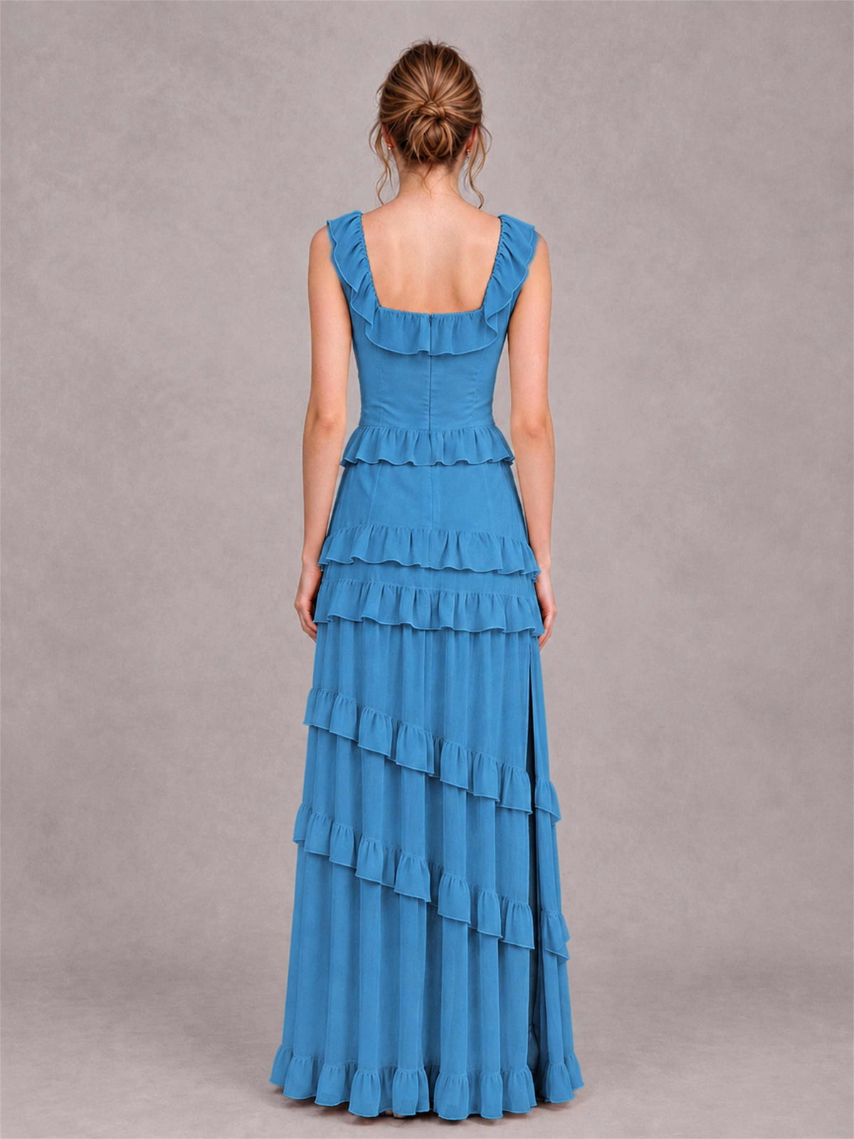 Square Neck A-Line Ruffle Chiffon Sleeveless Tiered Wedding Guest Dress with Split Side