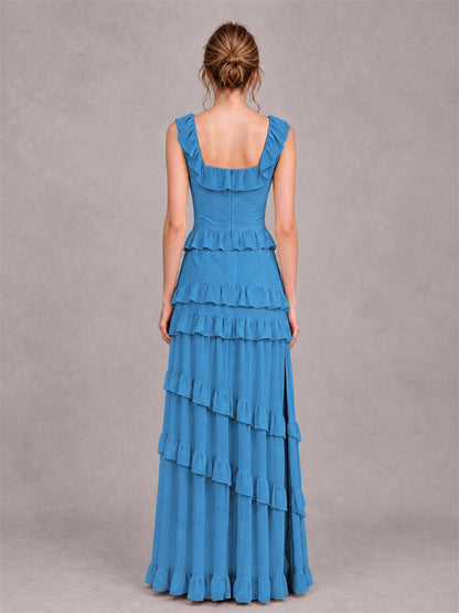 Square Neck A-Line Ruffle Chiffon Sleeveless Tiered Wedding Guest Dress with Split Side