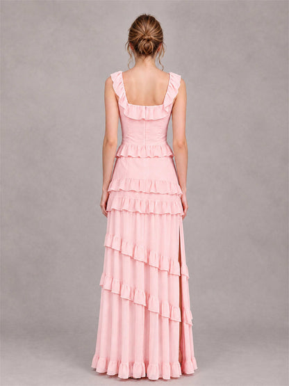 Square Neck A-Line Ruffle Chiffon Sleeveless Tiered Wedding Guest Dress with Split Side