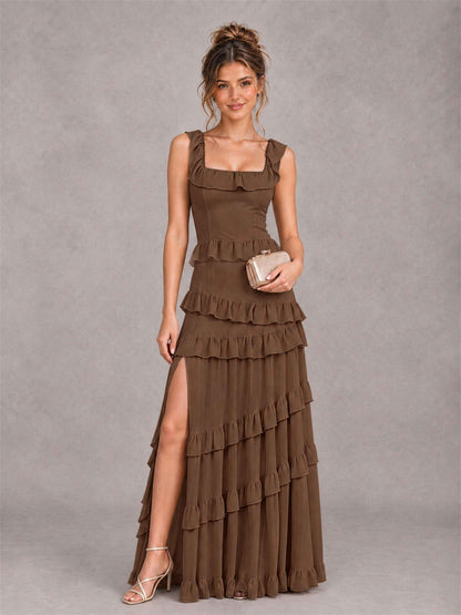 Square Neck A-Line Ruffle Chiffon Sleeveless Tiered Wedding Guest Dress with Split Side