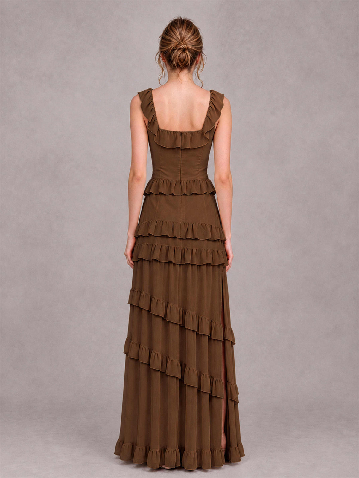 Square Neck A-Line Ruffle Chiffon Sleeveless Tiered Wedding Guest Dress with Split Side