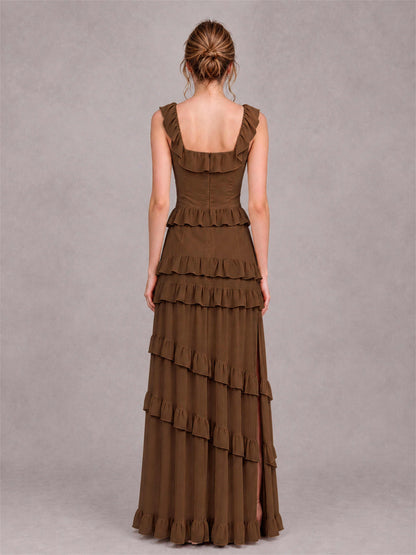 Square Neck A-Line Ruffle Chiffon Sleeveless Tiered Wedding Guest Dress with Split Side