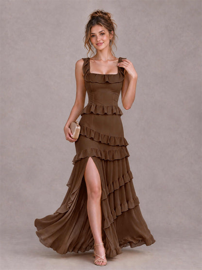 Square Neck A-Line Ruffle Chiffon Sleeveless Tiered Wedding Guest Dress with Split Side