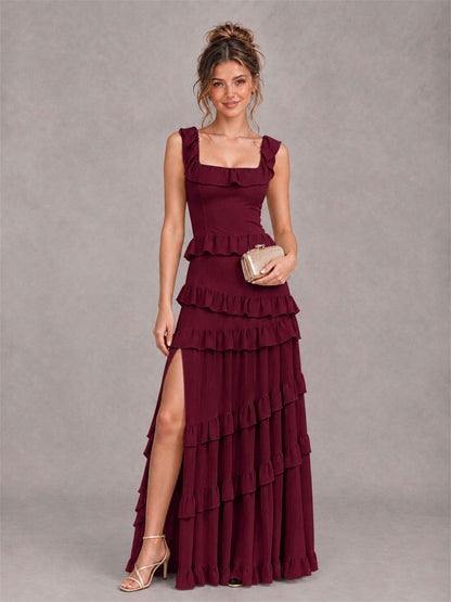 Square Neck A-Line Ruffle Chiffon Sleeveless Tiered Wedding Guest Dress with Split Side