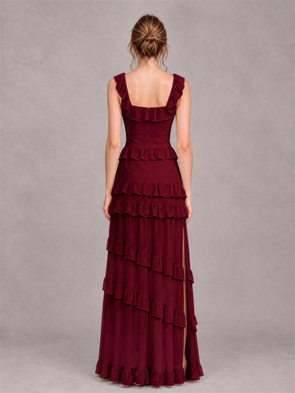 Square Neck A-Line Ruffle Chiffon Sleeveless Tiered Wedding Guest Dress with Split Side