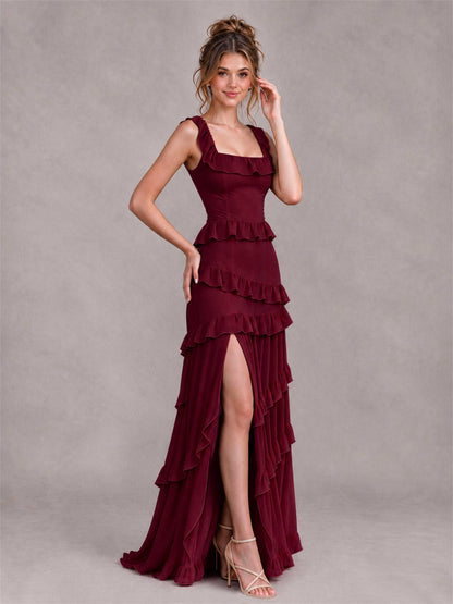 Square Neck A-Line Ruffle Chiffon Sleeveless Tiered Wedding Guest Dress with Split Side