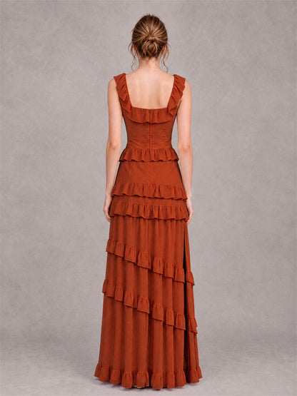 Square Neck A-Line Ruffle Chiffon Sleeveless Tiered Wedding Guest Dress with Split Side
