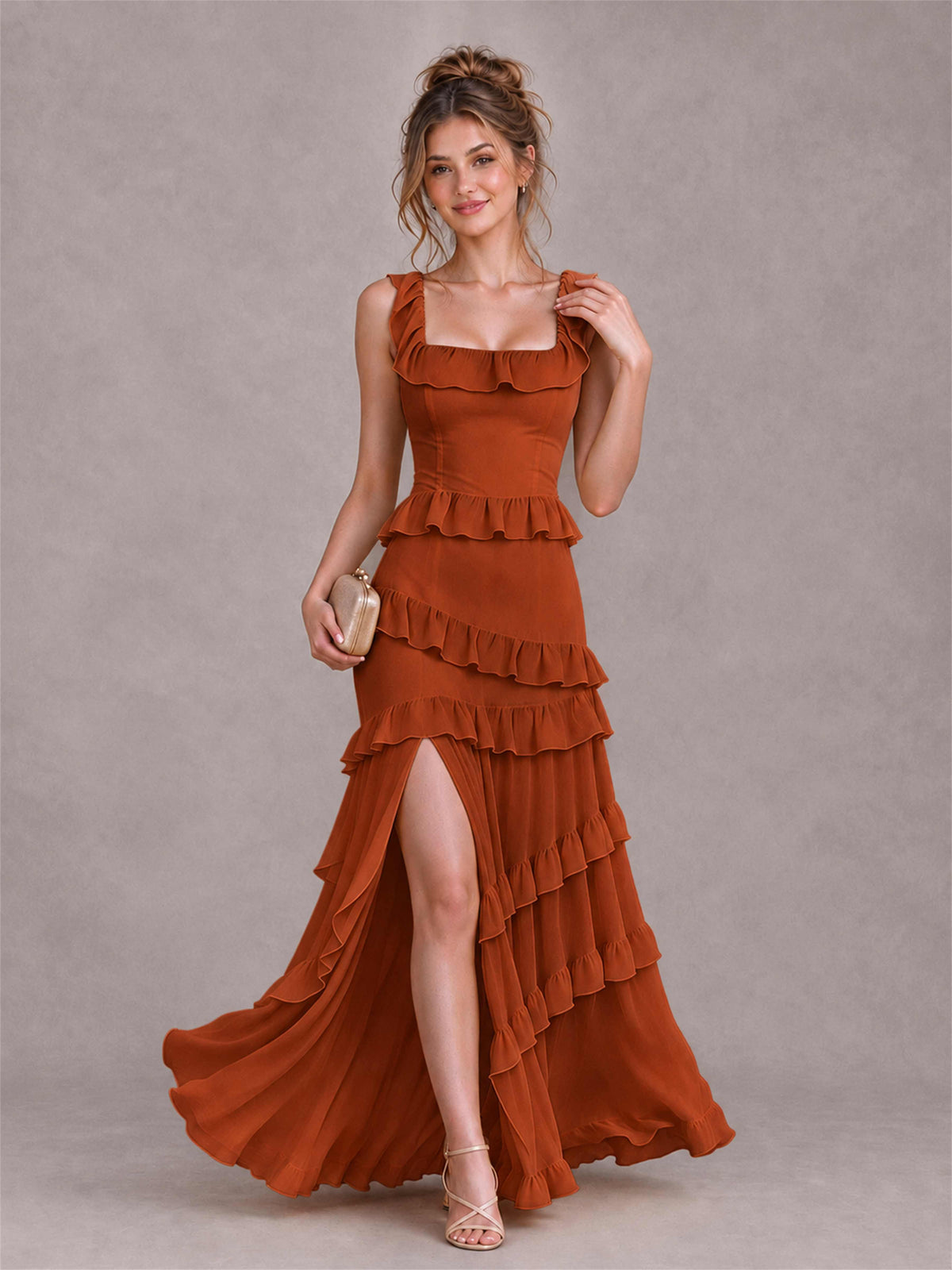 Square Neck A-Line Ruffle Chiffon Sleeveless Tiered Wedding Guest Dress with Split Side