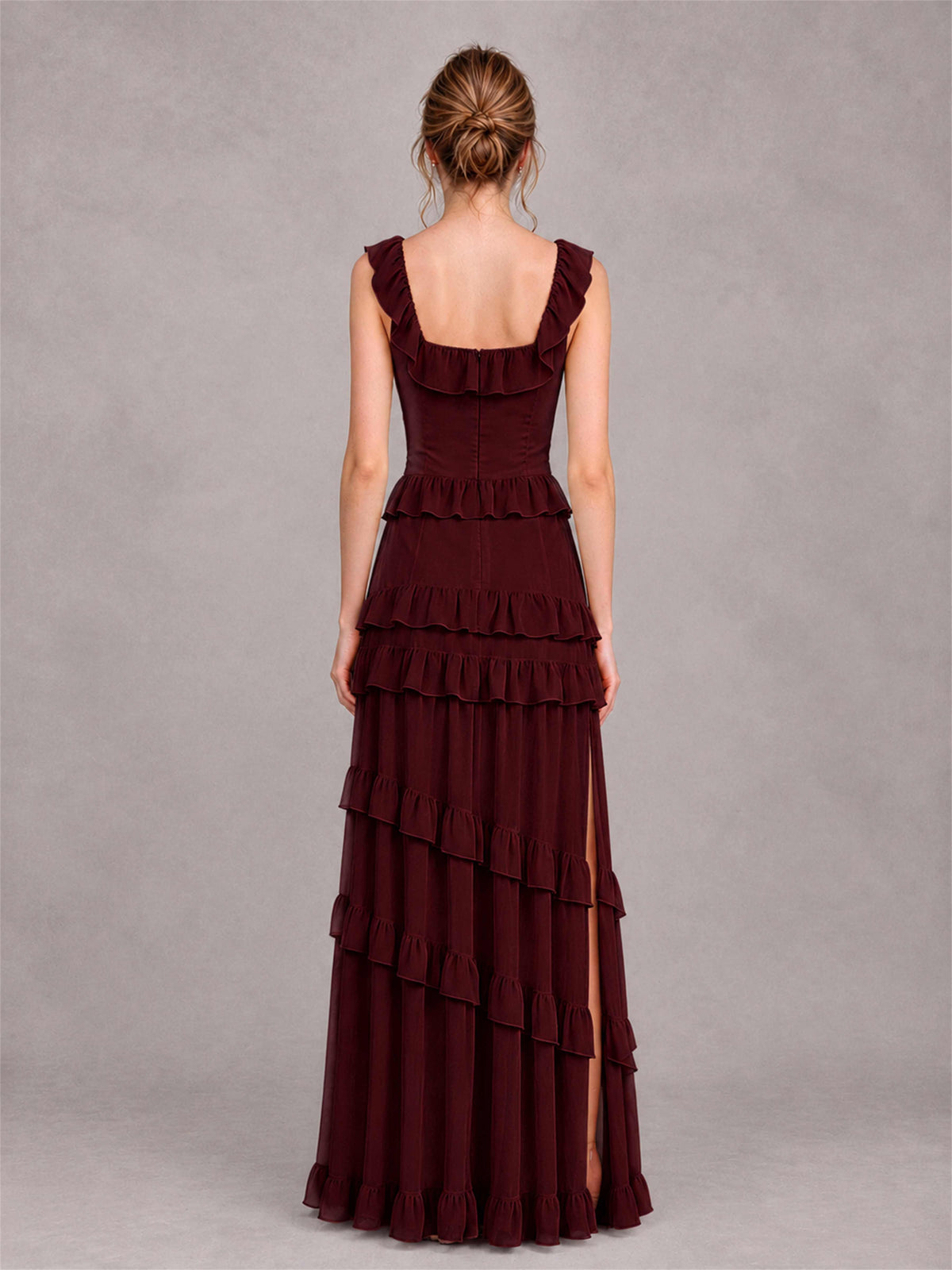 Square Neck A-Line Ruffle Chiffon Sleeveless Tiered Wedding Guest Dress with Split Side