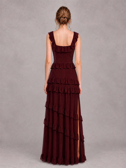 Square Neck A-Line Ruffle Chiffon Sleeveless Tiered Wedding Guest Dress with Split Side