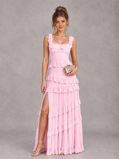 Square Neck A-Line Ruffle Chiffon Sleeveless Tiered Wedding Guest Dress with Split Side