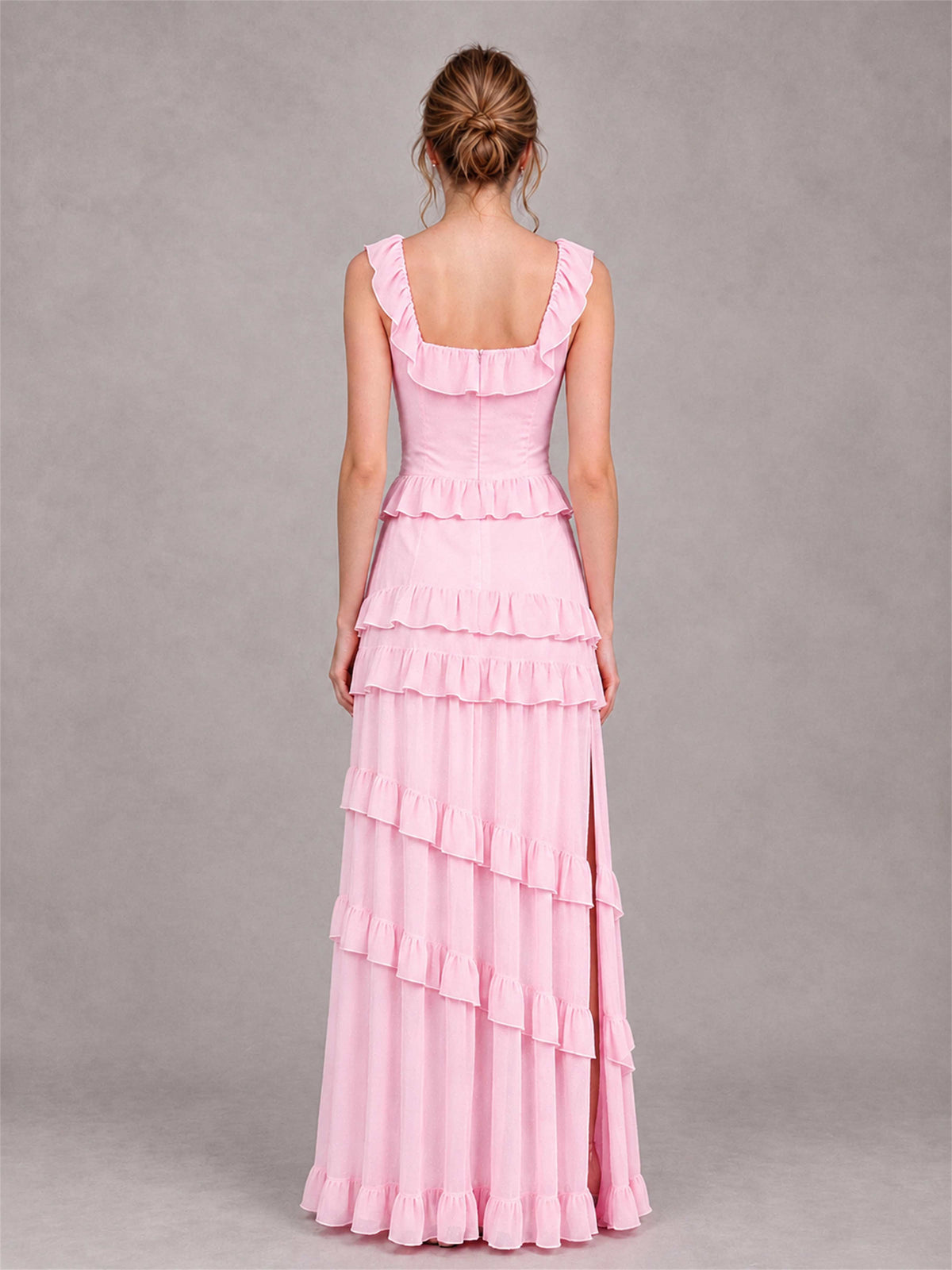 Square Neck A-Line Ruffle Chiffon Sleeveless Tiered Wedding Guest Dress with Split Side