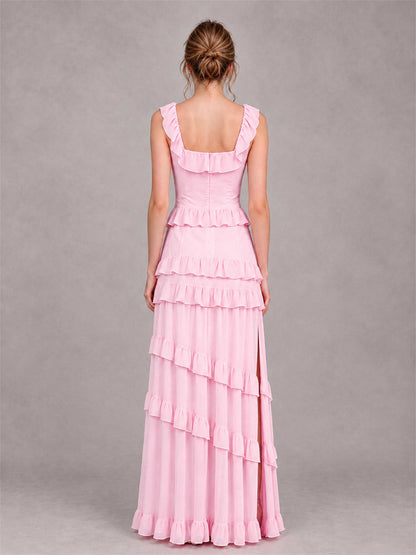Square Neck A-Line Ruffle Chiffon Sleeveless Tiered Wedding Guest Dress with Split Side