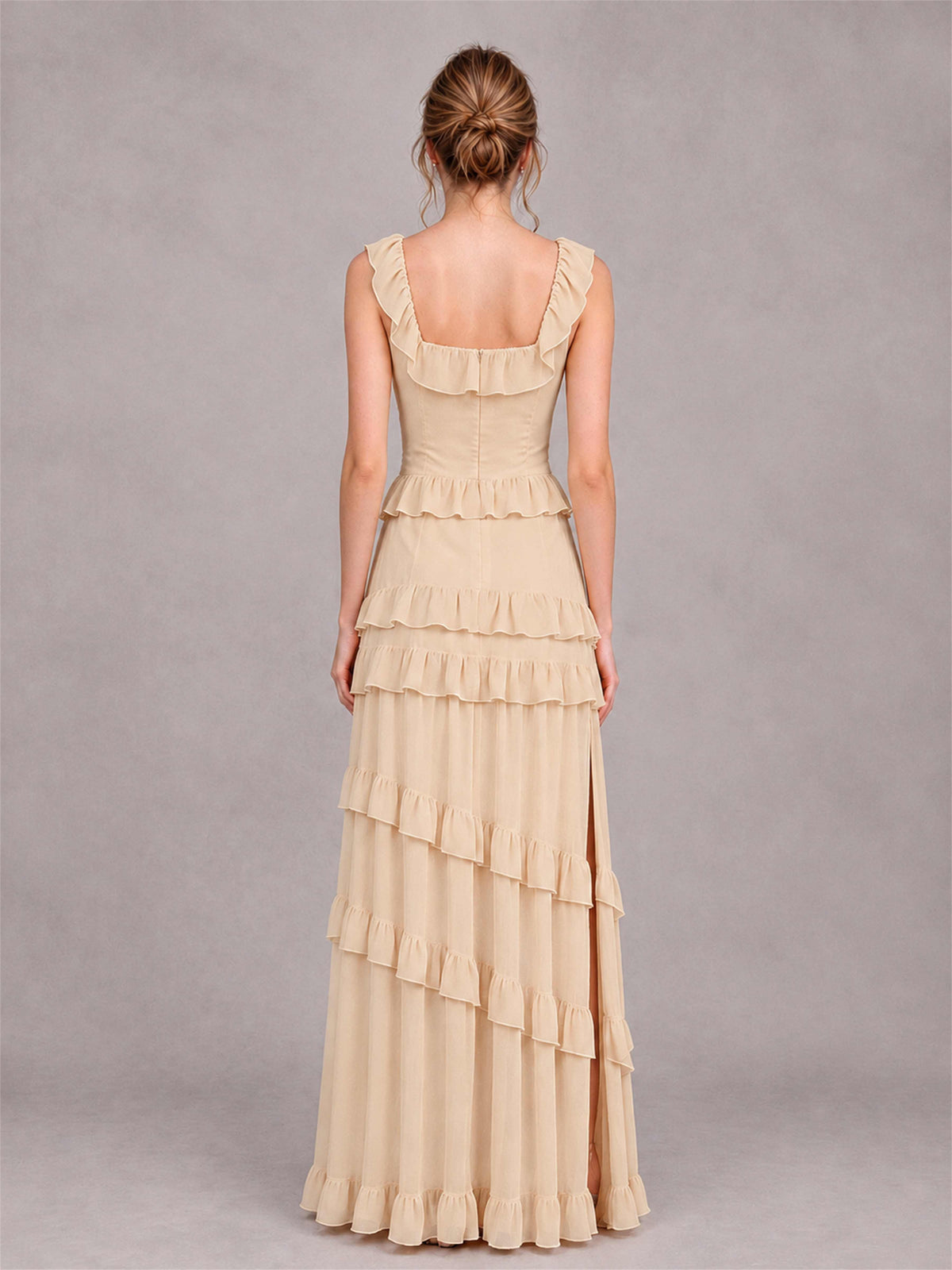 Square Neck A-Line Ruffle Chiffon Sleeveless Tiered Wedding Guest Dress with Split Side