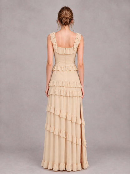 Square Neck A-Line Ruffle Chiffon Sleeveless Tiered Wedding Guest Dress with Split Side