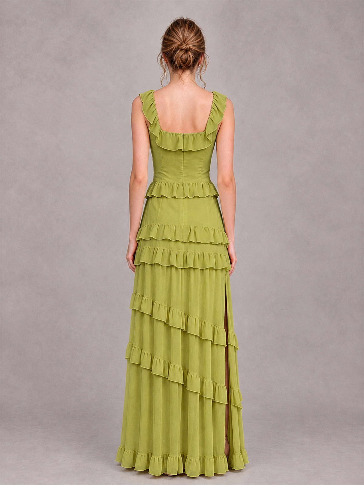 Square Neck A-Line Ruffle Chiffon Sleeveless Tiered Wedding Guest Dress with Split Side