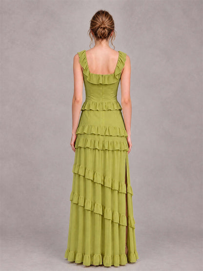 Square Neck A-Line Ruffle Chiffon Sleeveless Tiered Wedding Guest Dress with Split Side