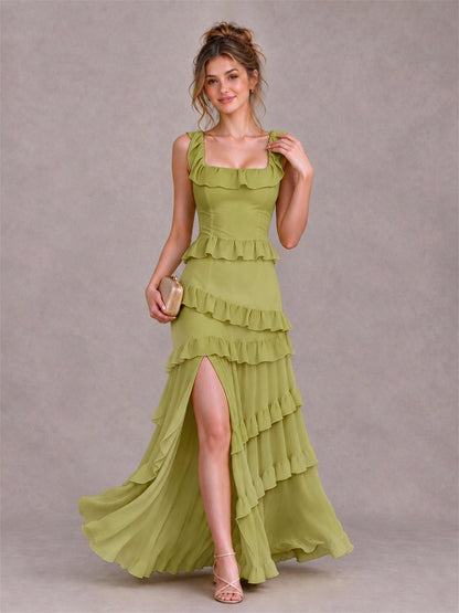 Square Neck A-Line Ruffle Chiffon Sleeveless Tiered Wedding Guest Dress with Split Side