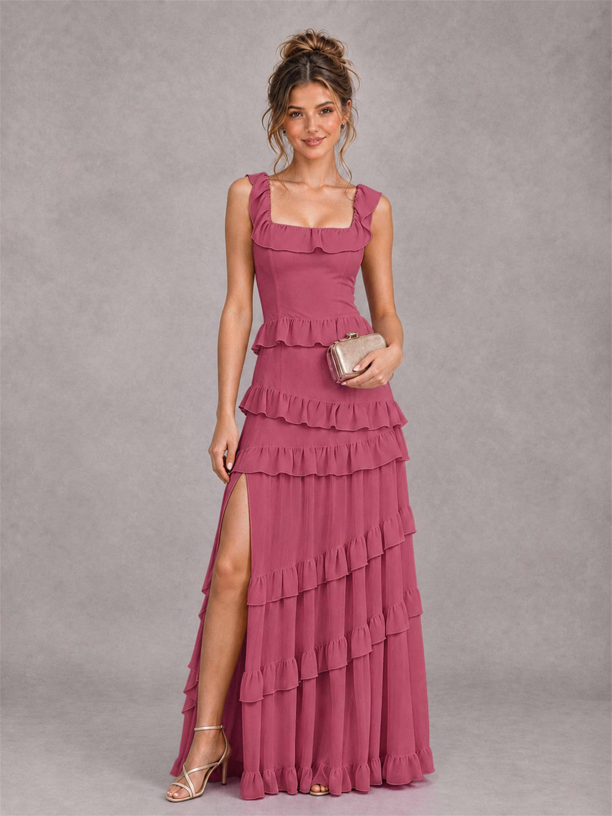 Square Neck A-Line Ruffle Chiffon Sleeveless Tiered Wedding Guest Dress with Split Side