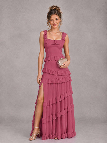 Square Neck A-Line Ruffle Chiffon Sleeveless Tiered Wedding Guest Dress with Split Side