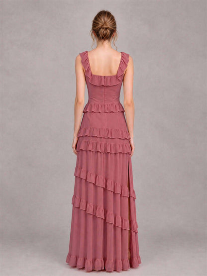 Square Neck A-Line Ruffle Chiffon Sleeveless Tiered Wedding Guest Dress with Split Side