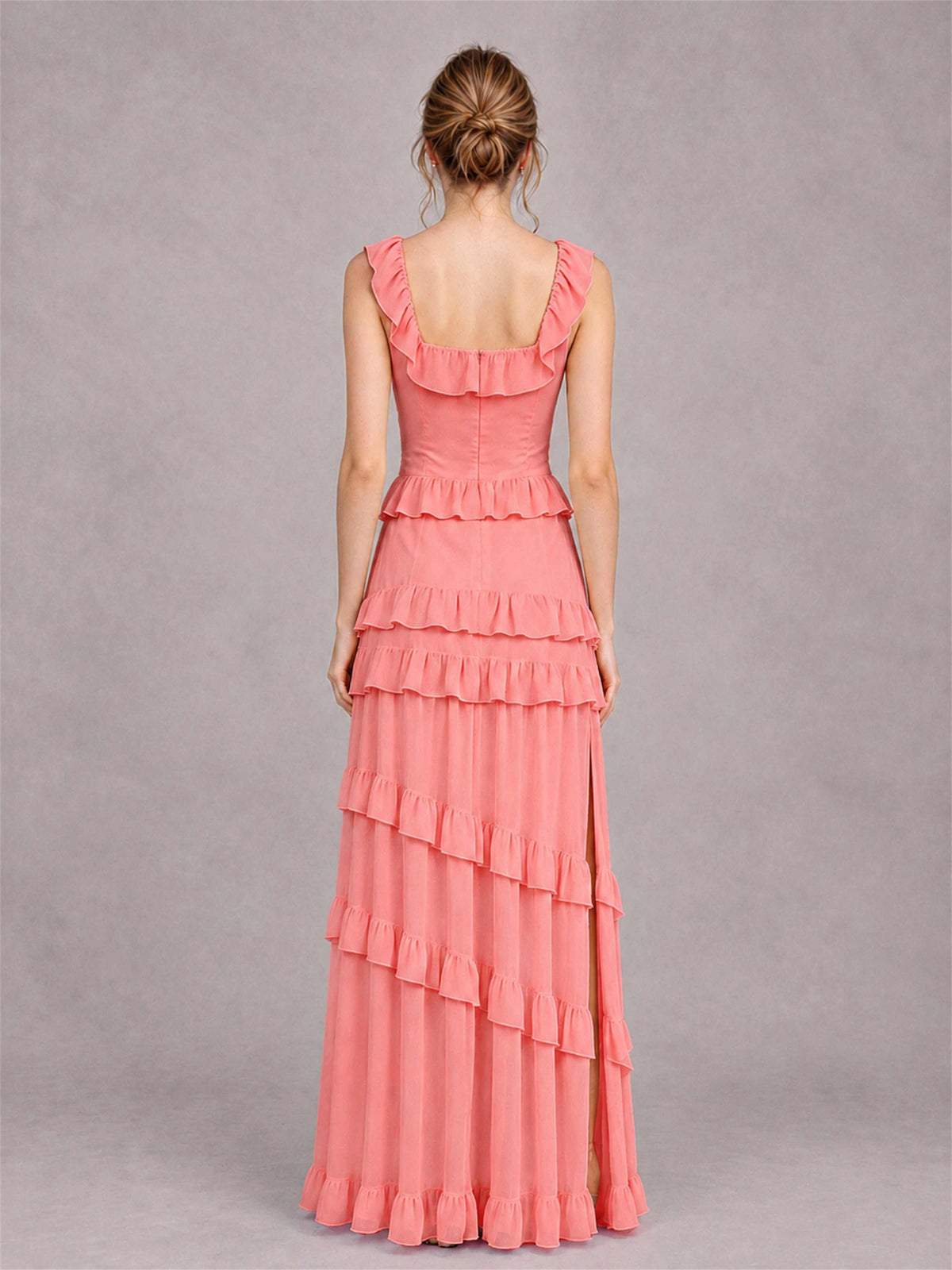 Square Neck A-Line Ruffle Chiffon Sleeveless Tiered Wedding Guest Dress with Split Side