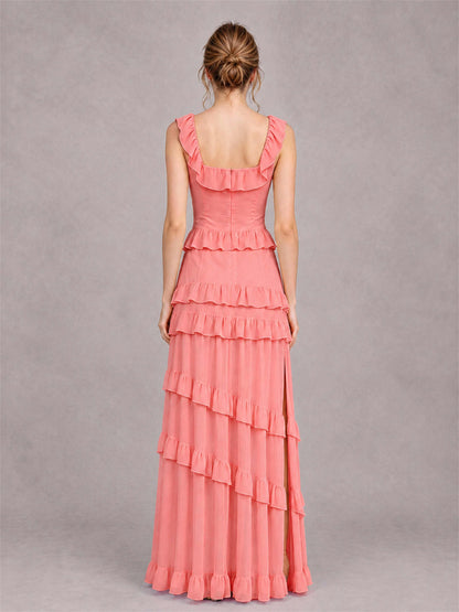 Square Neck A-Line Ruffle Chiffon Sleeveless Tiered Wedding Guest Dress with Split Side