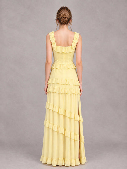 Square Neck A-Line Ruffle Chiffon Sleeveless Tiered Wedding Guest Dress with Split Side